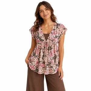BCX Floral V-Neck Tunic Top Sz MED Cottagecore Feminine Flowy